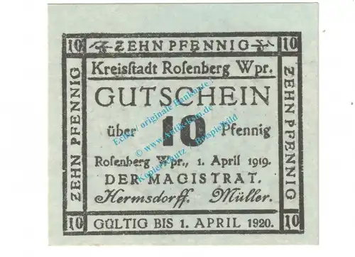 Rosenberg , Notgeld 10 Pfennig Schein in kfr. Tieste 6185.05.10 , Westpreussen 1919 Verkehrsausgabe
