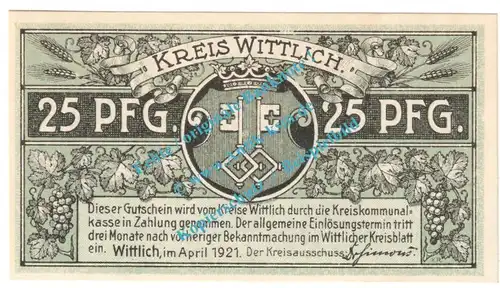 Wittlich , Notgeld 25 Pfennig -grün- in kfr. Tieste 8030.10.20 , Rheinland 1921 Verkehrsausgabe