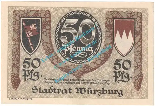 Würzburg , Notgeld 50 Pfennig Schein in kfr. Tieste 8130.05.30 , Bayern o.D. Verkehrsausgabe