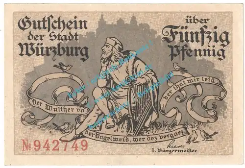 Würzburg , Notgeld 50 Pfennig Schein in kfr. Tieste 8130.05.30 , Bayern o.D. Verkehrsausgabe
