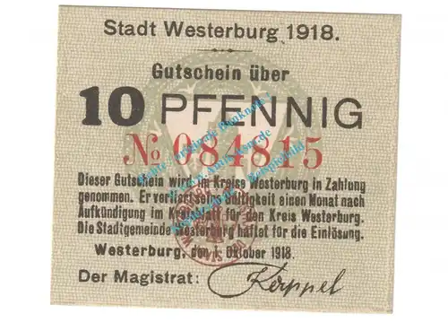 Westerburg , Notgeld 10 Pfennig Schein in kfr. Tieste 7850.05.10 , Hessen 1918 Verkehrsausgabe