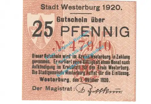 Westerburg , Notgeld 25 Pfennig Schein in kfr. Tieste 7850.05.16 , Hessen 1920 Verkehrsausgabe
