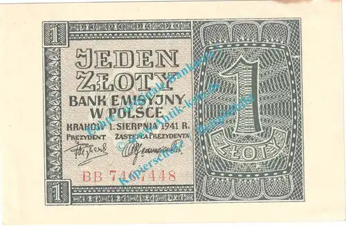 Banknote , 1 Zloty Schein in kfr. ZWK-34.b, P.99, Drittes Reich 1941 , WW2 - Polen