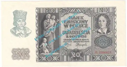 Banknote , 20 Zloty Schein in kfr. ZWK-30, P.95, Drittes Reich 1940 , WW2 - Polen