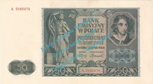 Banknote , 50 Zloty Schein in kfr. ZWK-37, P.102, Drittes Reich 1941 , WW2 - Polen