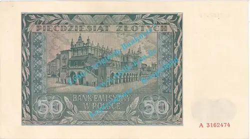 Banknote , 50 Zloty Schein in kfr. ZWK-37, P.102, Drittes Reich 1941 , WW2 - Polen