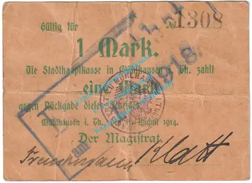 Mühlhausen , Notgeld 1 Mark Schein in gbr. Diessner 245.2.a , Thüringen 1914 Notgeld 1914-15