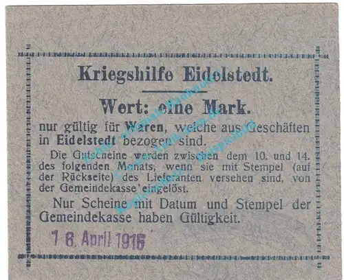 Eidelstedt , Notgeld 1 Mark -Schwarz- in kfr. Diessner 87.1.c , Schleswig Holstein 1915 Notgeld 1914-15