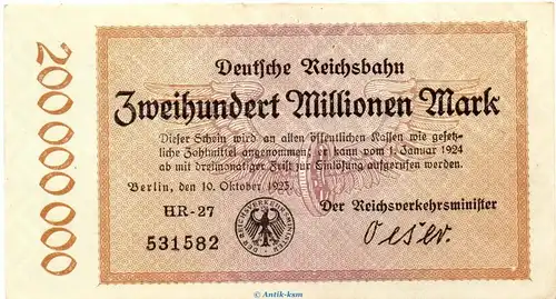 Banknote Reichsbahn , 200 Millionen Mark Schein in kfr. RVM-8 , S.1018 , von 1923 , deutsche Reichsbahn - Inflation