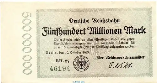 Banknote Reichsbahn , 500 Millionen Mark Schein in kfr. RVM-9 , S.1019 , von 1923 , deutsche Reichsbahn - Inflation