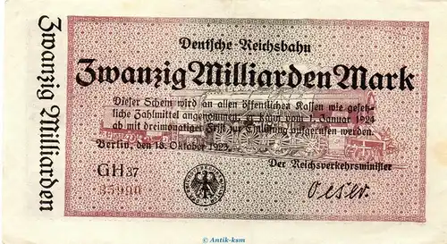 Banknote Reichsbahn , 20 Milliarden Mark Schein in kfr. RVM-12 , S.1021 , von 1923 , deutsche Reichsbahn - Inflation