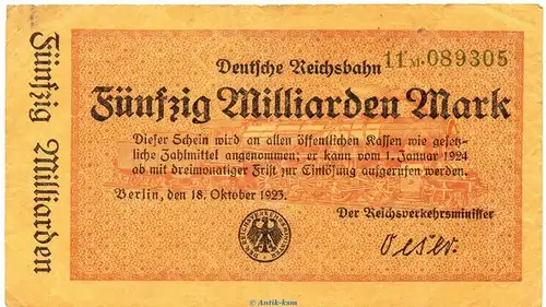 Banknote Reichsbahn , 50 Milliarden Mark Schein in gbr. RVM-13.b , S.1023 , von 1923 , deutsche Reichsbahn - Inflation