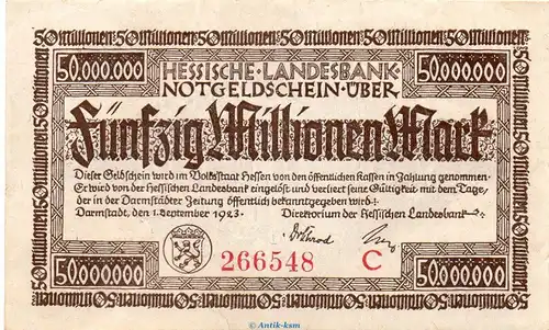 Banknote Darmstadt Hess. Landesbank , 50 Millionen Mark in kfr. Keller 956.d von 1923 , Hessen Inflation