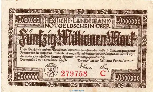 Banknote Darmstadt Hess. Landesbank , 50 Millionen Mark in gbr. Keller 956.d von 1923 , Hessen Inflation