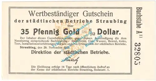 Straubing , 35 Pfennig Gold Notgeld Schein in kfr. Müller 4815.6 , Bayern 1923 Wertbeständig