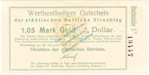Straubing , 1,05 Gold Mark Notgeld Schein in kfr. Müller 4815.3 , Bayern 1923 Wertbeständig