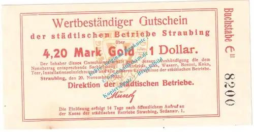 Straubing , 4,20 Gold Mark Notgeld Schein in kfr. Müller 4815.5 , Bayern 1923 Wertbeständig