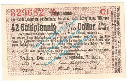 Freiburg i.B. 0,42 Gold Mark Notgeld Schein in kfr. Müller 1785.2.f.5 , Baden o.D. Wertbeständig