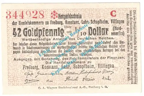 Freiburg i.B. 0,42 Gold Mark Notgeld Schein in kfr. Müller 1785.2.c-d , Baden o.D. Wertbeständig