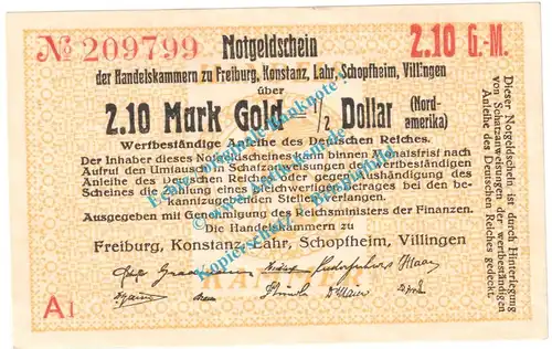 Freiburg i.B. 2,10 Gold Mark Notgeld Schein in kfr. Müller 1785.4.c , Baden o.D. Wertbeständig