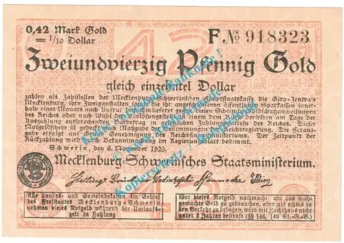 Schwerin , 42 Pfennig Gold Notgeld Schein in kfr. Müller 4620.5 , Mecklenburg 1923 Wertbeständig