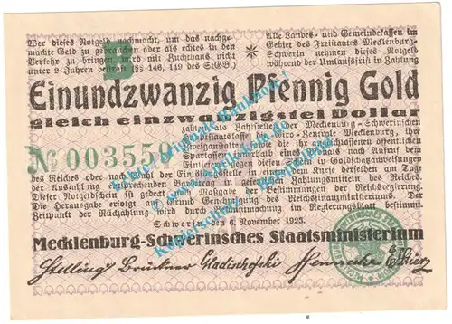 Schwerin , 21 Pfennig Gold Notgeld Schein in kfr. Müller 4620.4.d-e , Mecklenburg 1923 Wertbeständig