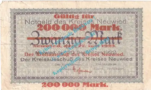 Neuwied , Notgeld 200.000 Mark Schein in gbr. Keller 3903.a , Rheinland 1923 Grossnotgeld Inflation
