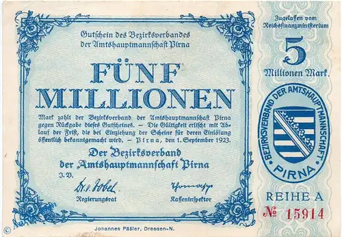 Banknote Pirna , 5 Millionen Mark Schein in gbr. Keller 4322.a , 01.09.1923 , Sachsen Großnotgeld Inflation