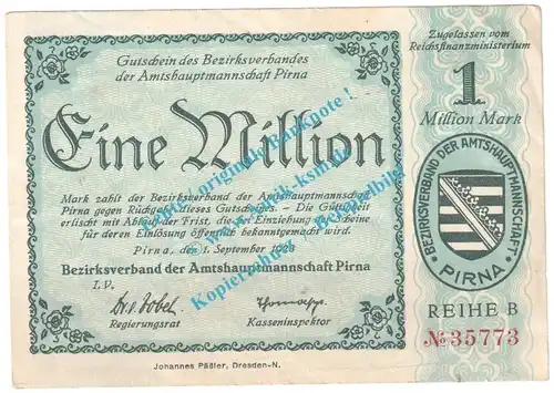 Pirna , Notgeld 1 Million Mark Schein in kfr. Keller 4322.a , Sachsen 1923 Grossnotgeld Inflation