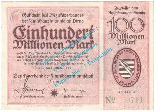 Pirna , Notgeld 100 Millionen Mark Schein in kfr. Keller 4322.e , Sachsen 1923 Grossnotgeld Inflation