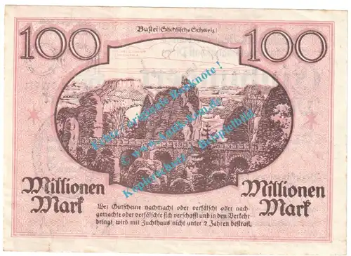 Pirna , Notgeld 100 Millionen Mark Schein in kfr. Keller 4322.e , Sachsen 1923 Grossnotgeld Inflation