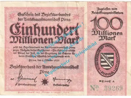 Pirna , Notgeld 100 Millionen Mark Schein in gbr. Keller 4322.e , Sachsen 1923 Grossnotgeld Inflation