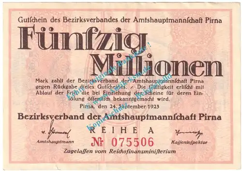 Pirna , Notgeld 50 Millionen Mark Schein in gbr. Keller 4322.c , Sachsen 1923 Grossnotgeld Inflation