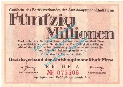 Pirna , Notgeld 50 Millionen Mark Schein in gbr. Keller 4322.d , Sachsen 1923 Grossnotgeld Inflation