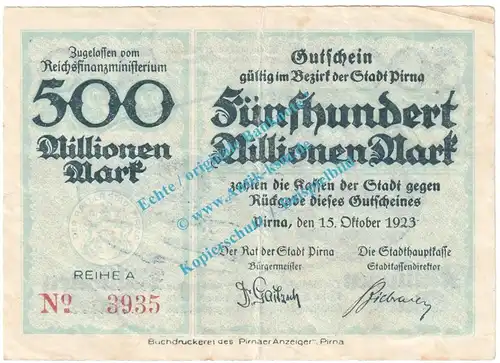 Pirna , Notgeld 500 Millionen Mark Schein in gbr. Keller 4316.c , Sachsen 1923 Grossnotgeld Inflation