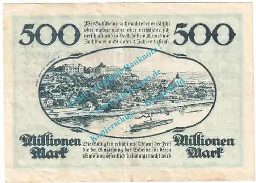 Pirna , Notgeld 500 Millionen Mark Schein in gbr. Keller 4316.c , Sachsen 1923 Grossnotgeld Inflation