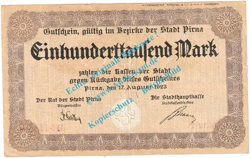 Pirna , Notgeld 100.000 Mark Schein in gbr. Keller 4316.a , Sachsen 1923 Grossnotgeld Inflation