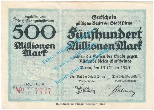 Pirna , Notgeld 500 Millionen Mark Schein in kfr. Keller 4316.c , Sachsen 1923 Grossnotgeld Inflation