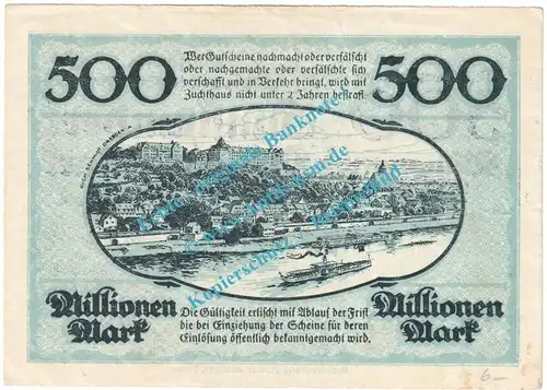 Pirna , Notgeld 500 Millionen Mark Schein in kfr. Keller 4316.c , Sachsen 1923 Grossnotgeld Inflation