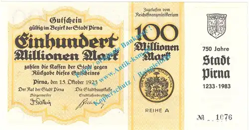 Pirna , 100 Millionen Mark , Ausgabe zur 9. Kreismünzausstellung , Sachsen 1983