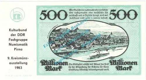 Pirna , 500 Millionen Mark , Ausgabe zur 9. Kreismünzausstellung , Sachsen 1983