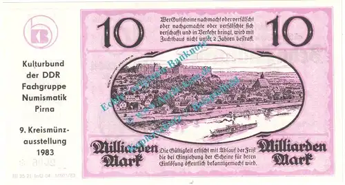 Pirna , 10 Milliarden Mark , Ausgabe zur 9. Kreismünzausstellung , Sachsen 1983