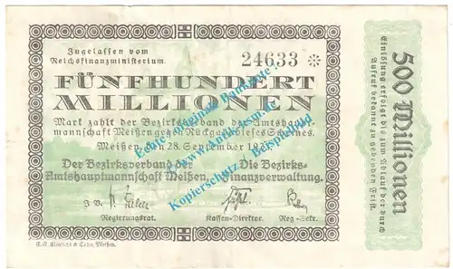 Meissen , Notgeld 500 Millionen Mark Schein in gbr. Keller 3511.b , Sachsen 1923 Grossnotgeld Inflation