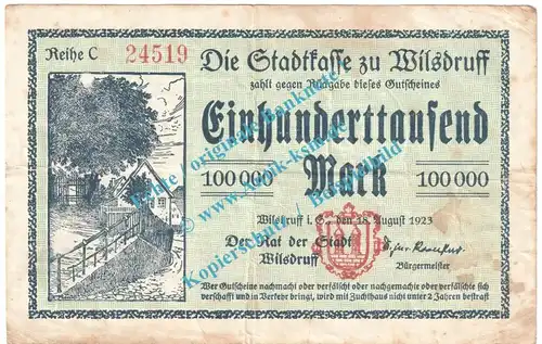 Wilsdruff , Notgeld 100.000 Mark Schein in gbr. Keller 5637.a , Sachsen 1923 Grossnotgeld Inflation