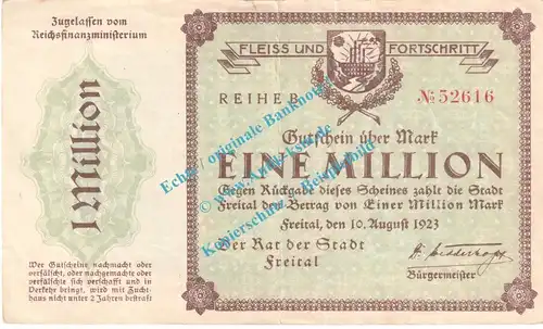 Freital , Notgeld 1 Million Mark Schein in gbr. Keller 1603.b , Sachsen 1923 Grossnotgeld Inflation