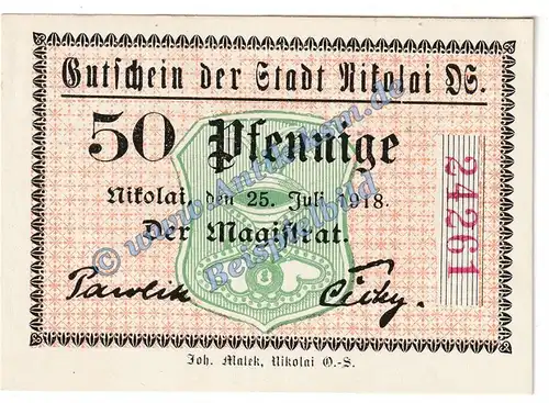 Nikolai , Notgeld 50 Pfennig Schein in kfr. Tieste 5130.05.16 , Oberschlesien 1918 Verkehrsausgabe