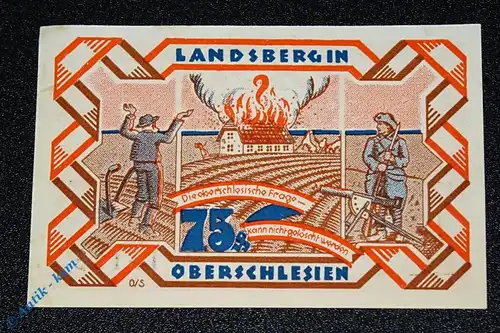 Notgeld Landsberg , 75 Pfennig Schein Nr 3 , Mai , Mehl Grabowski 763.2 a , von 1921 , Schlesien Serien Notgeld