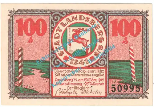 Landsberg , Notgeld 100 Pfennig Nr.3 -März- in kfr. M-G 763.1.a , Schlesien 1921 Seriennotgeld