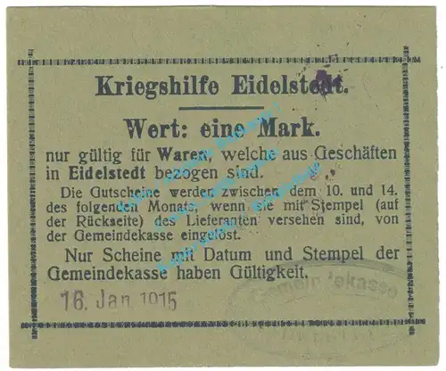 Eidelstedt , Notgeld 1 Mark -Produktion- in kfr. Diessner 87.2.a , Schleswig Holstein 1915 Notgeld 1914-15