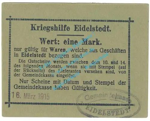 Eidelstedt , Notgeld 1 Mark -Schwarz- in kfr. Diessner 87.2.b , Schleswig Holstein 1915 Notgeld 1914-15
